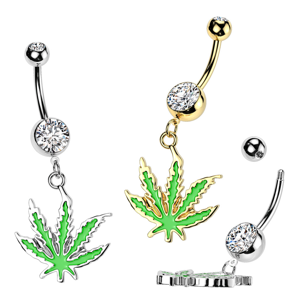 316L Surgical Steel Pot Leaf Dangle Belly Button Ring - all colors