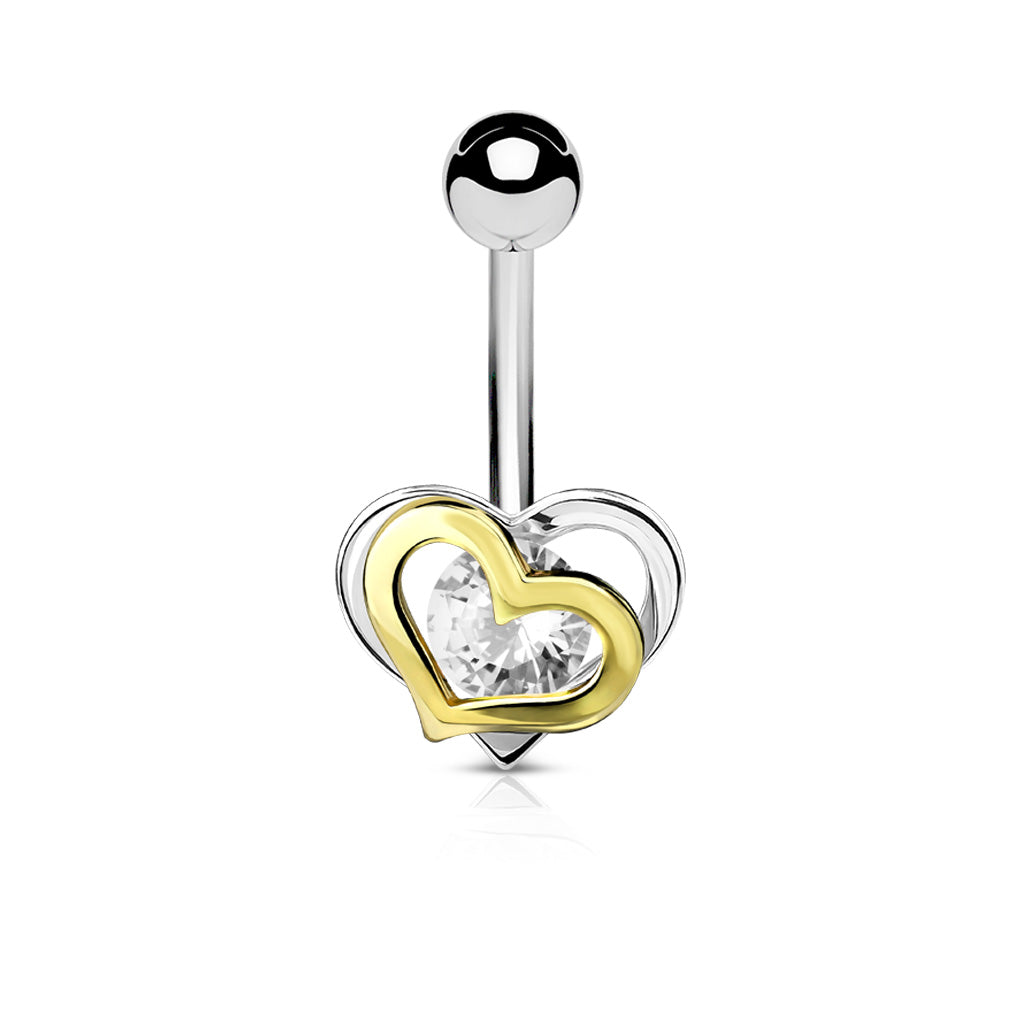 Gold and Steel Two-Tone Double Heart with CZ 316L Surgical Steel Belly Button Navel Rings - Clear