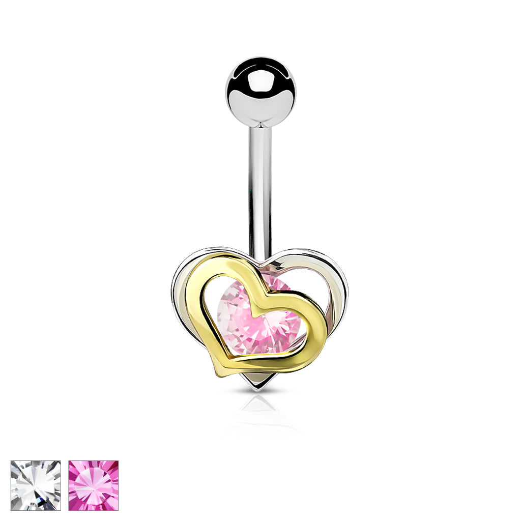 Gold and Steel Two-Tone Double Heart with CZ 316L Surgical Steel Belly Button Navel Rings - all colors