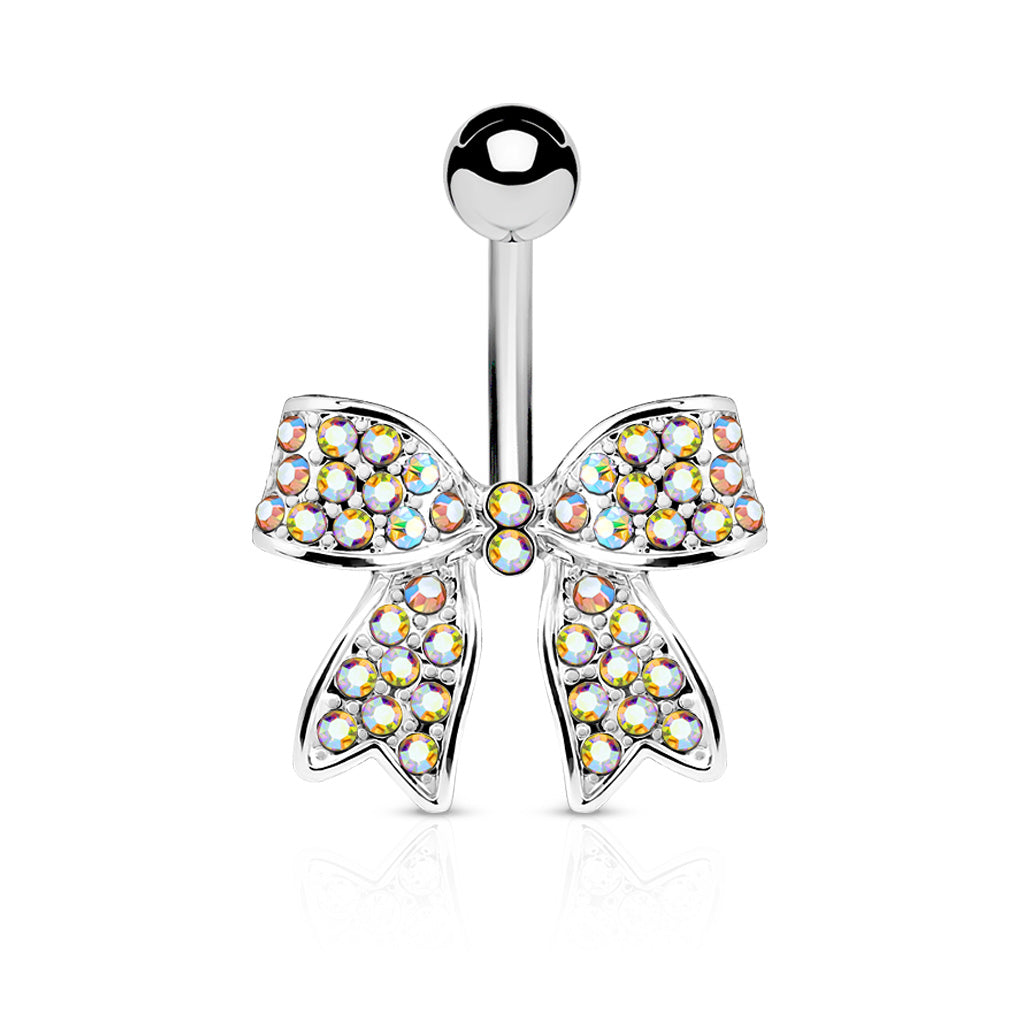316L Surgical Steel Crystal Paved Ribbon Belly Button Ring - Aurora Borealis