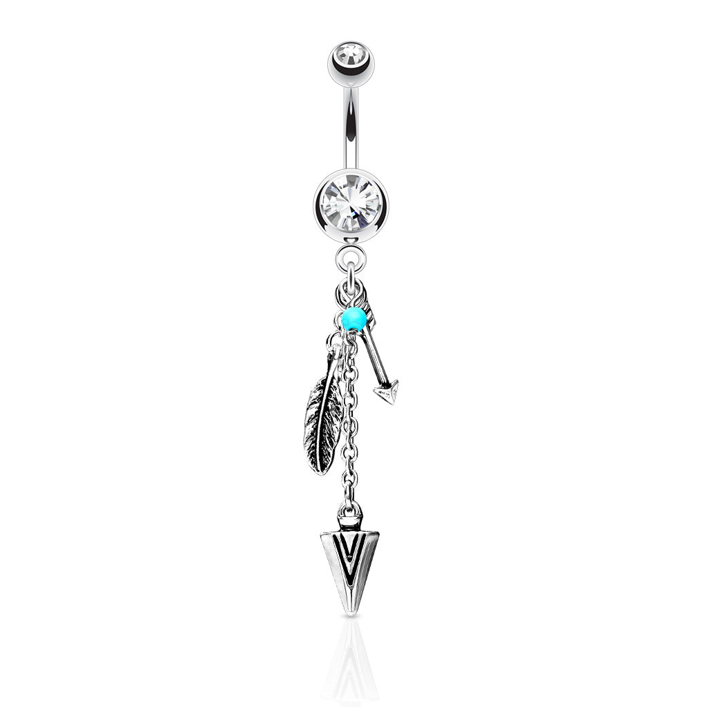 316L Surgical Steel Turquoise and Tribal Feather and Arrows Dangle Double Jeweled Belly Button Ring - Clear