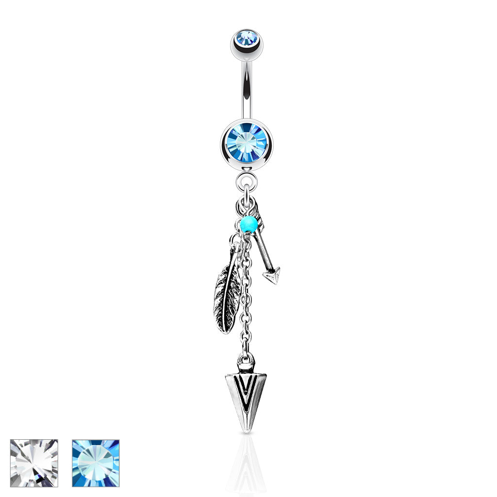 316L Surgical Steel Turquoise and Tribal Feather and Arrows Dangle Double Jeweled Belly Button Ring - all colors