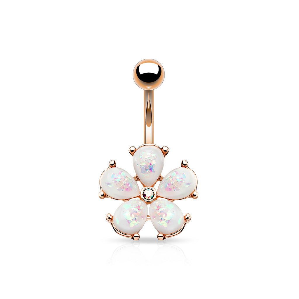 316L Surgical Steel Opal Glitter Petals With Crystal Center Flower Belly Button Ring - Rose Gold