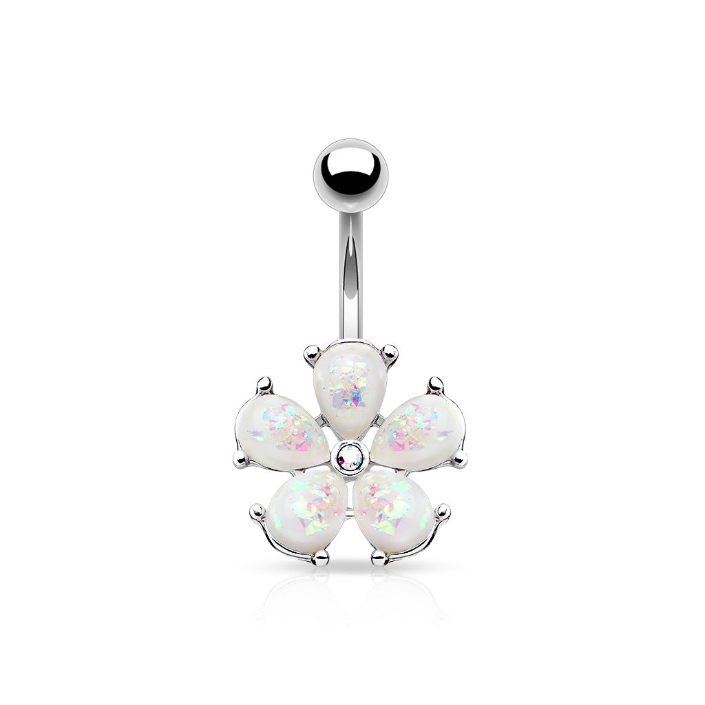 316L Surgical Steel Opal Glitter Petals With Crystal Center Flower Belly Button Ring - Steel