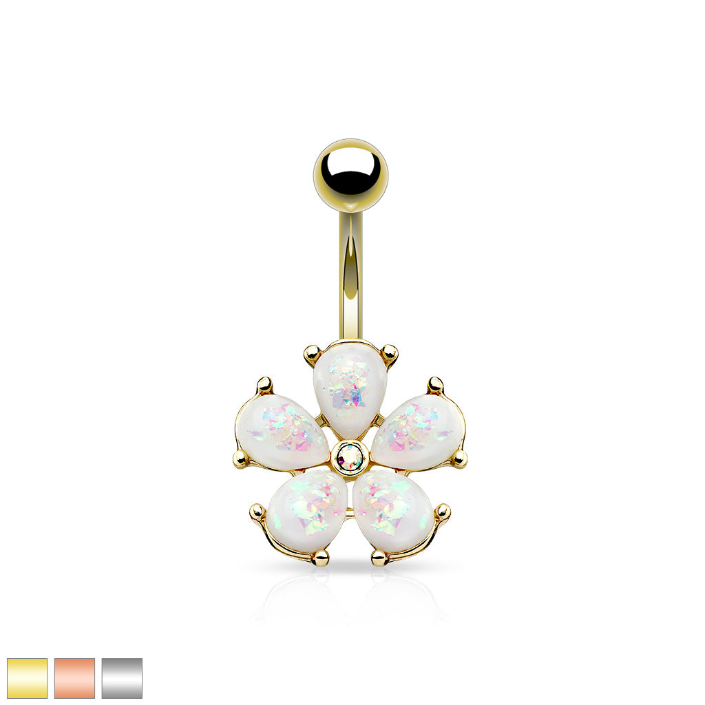 316L Surgical Steel Opal Glitter Petals With Crystal Center Flower Belly Button Ring - all colors
