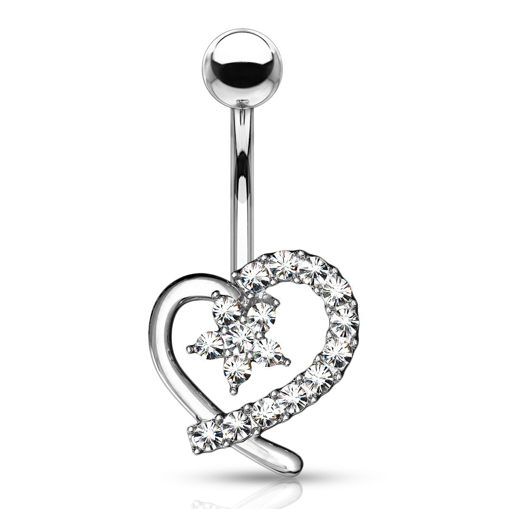 CZ Paved Hollow Heart with CZ Flower Center 316L Surgical Steel Belly Button Navel Rings - Clear