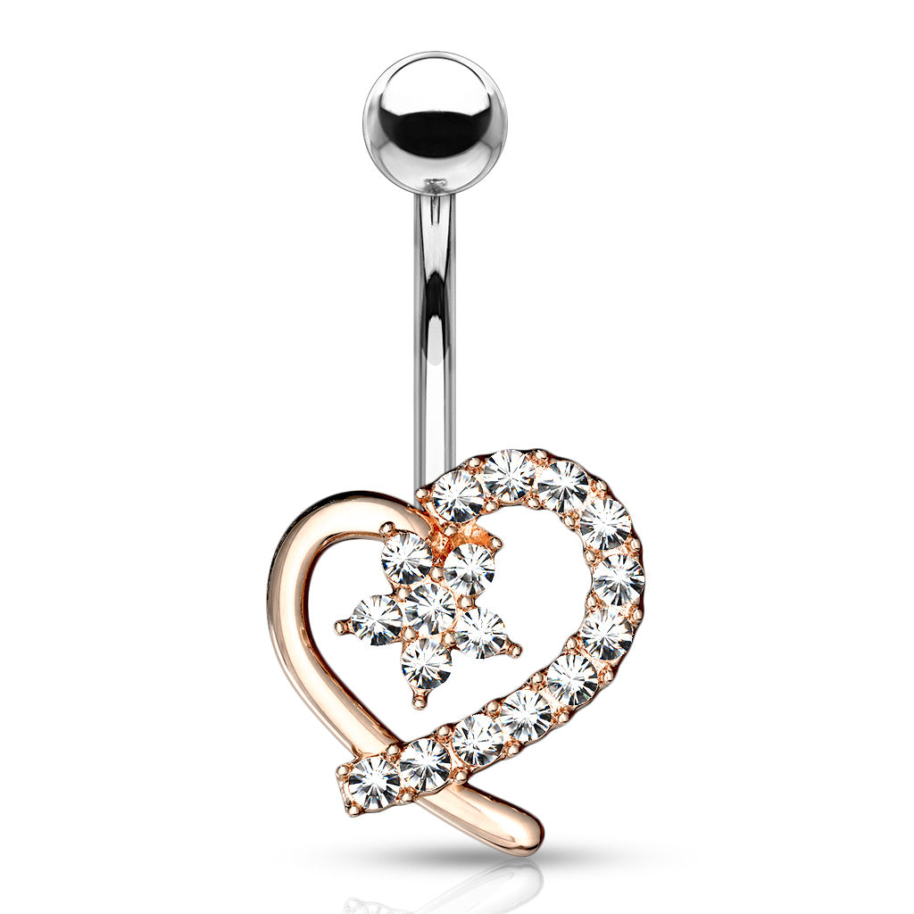 CZ Paved Hollow Heart with CZ Flower Center 316L Surgical Steel Belly Button Navel Rings - Rose Gold/Clear