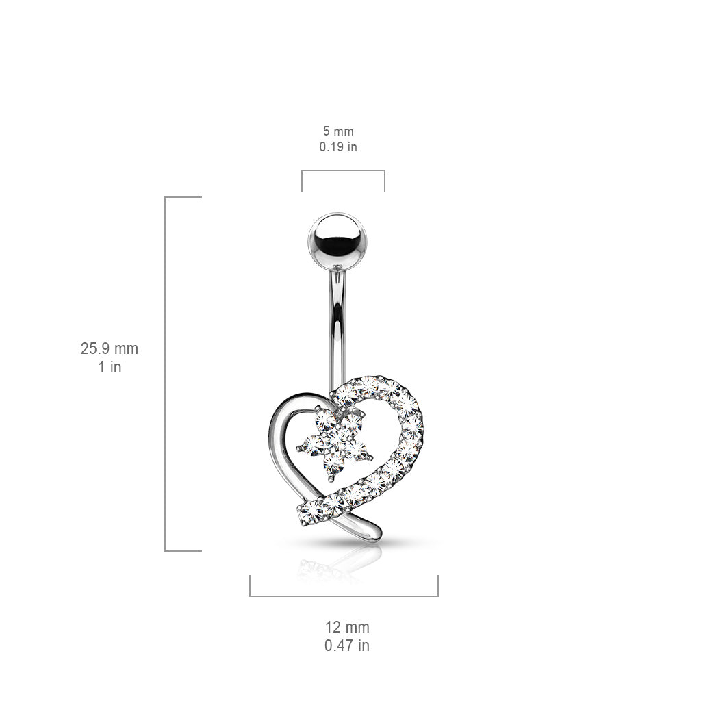 CZ Paved Hollow Heart with CZ Flower Center 316L Surgical Steel Belly Button Navel Rings size chart