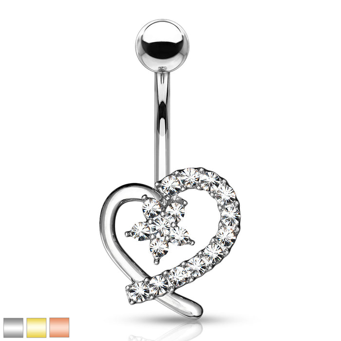 CZ Paved Hollow Heart With CZ Flower Center 316L Surgical Steel Belly Rings