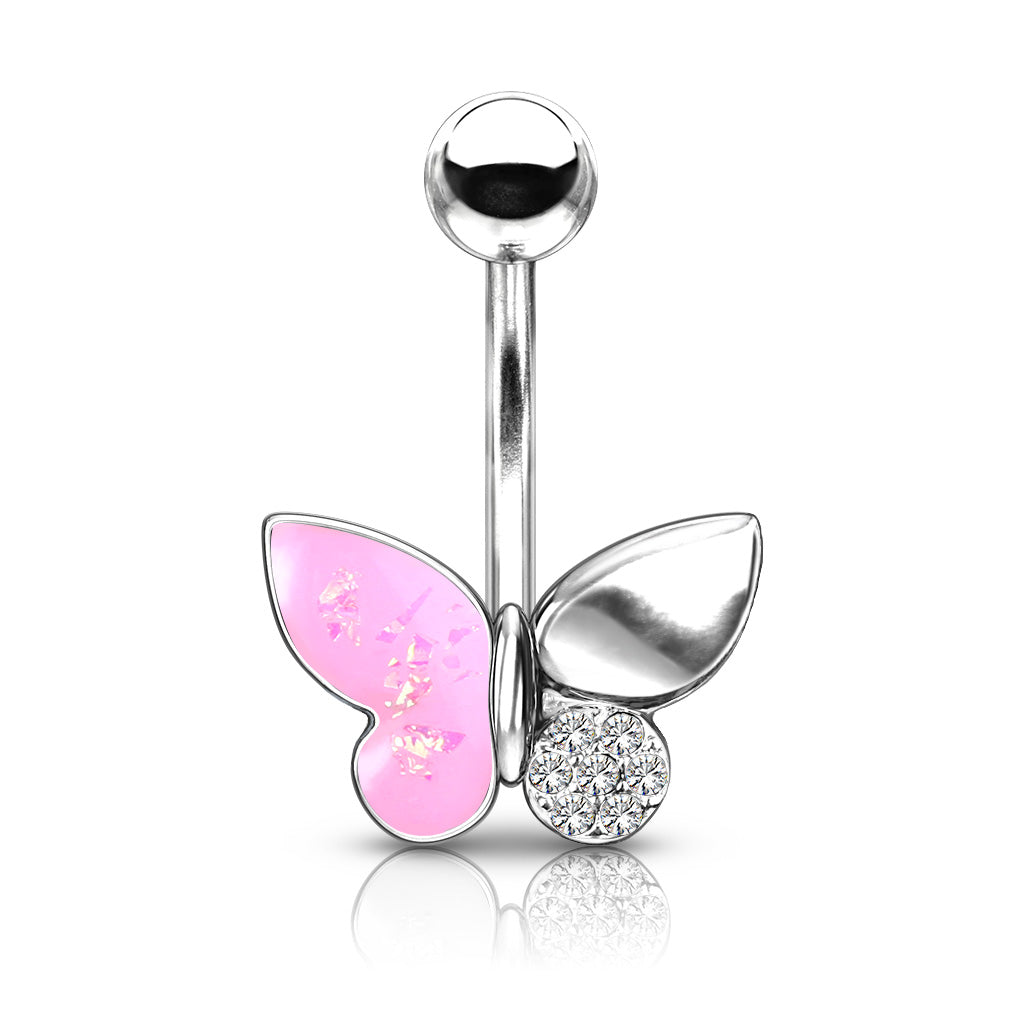 316L Surgical Steel Butterfly With Opal Glitter Filled and Crystal Paved Wings Belly Button Ring - Pink