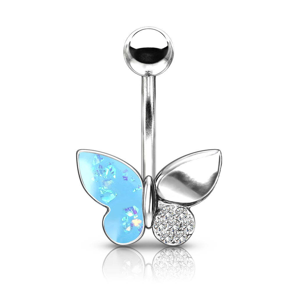 316L Surgical Steel Butterfly With Opal Glitter Filled and Crystal Paved Wings Belly Button Ring - Aqua