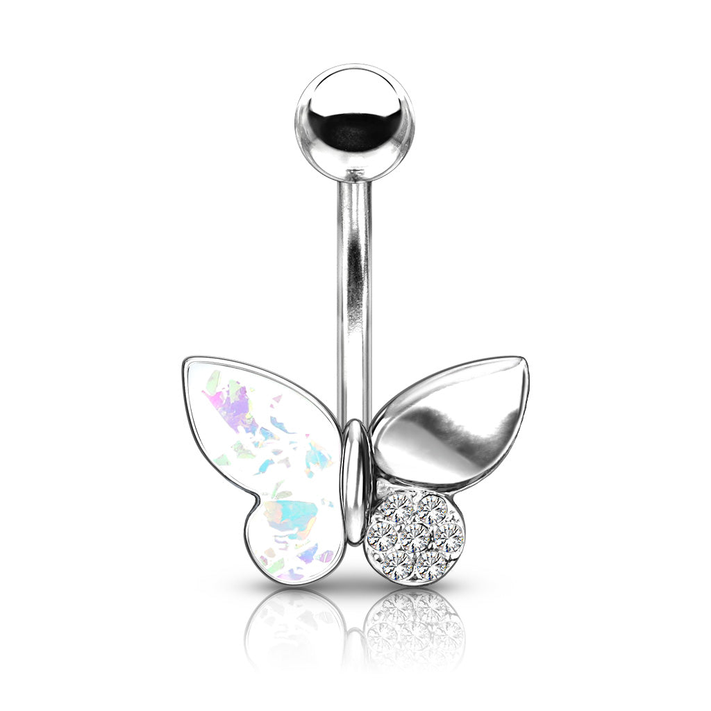 316L Surgical Steel Butterfly With Opal Glitter Filled and Crystal Paved Wings Belly Button Ring - White