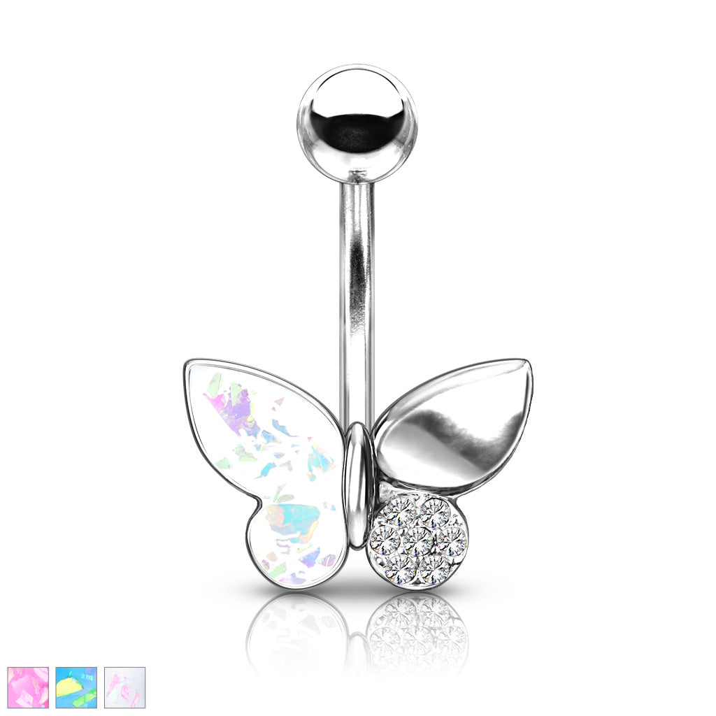 316L Surgical Steel Butterfly With Opal Glitter Filled and Crystal Paved Wings Belly Button Ring - all colors
