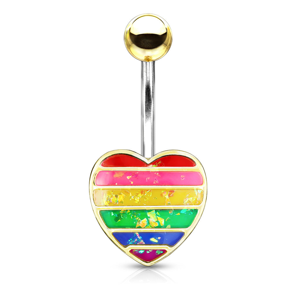 316L Surgical Steel Rainbow Opal Glitter Filled Heart Belly Button Ring - Gold