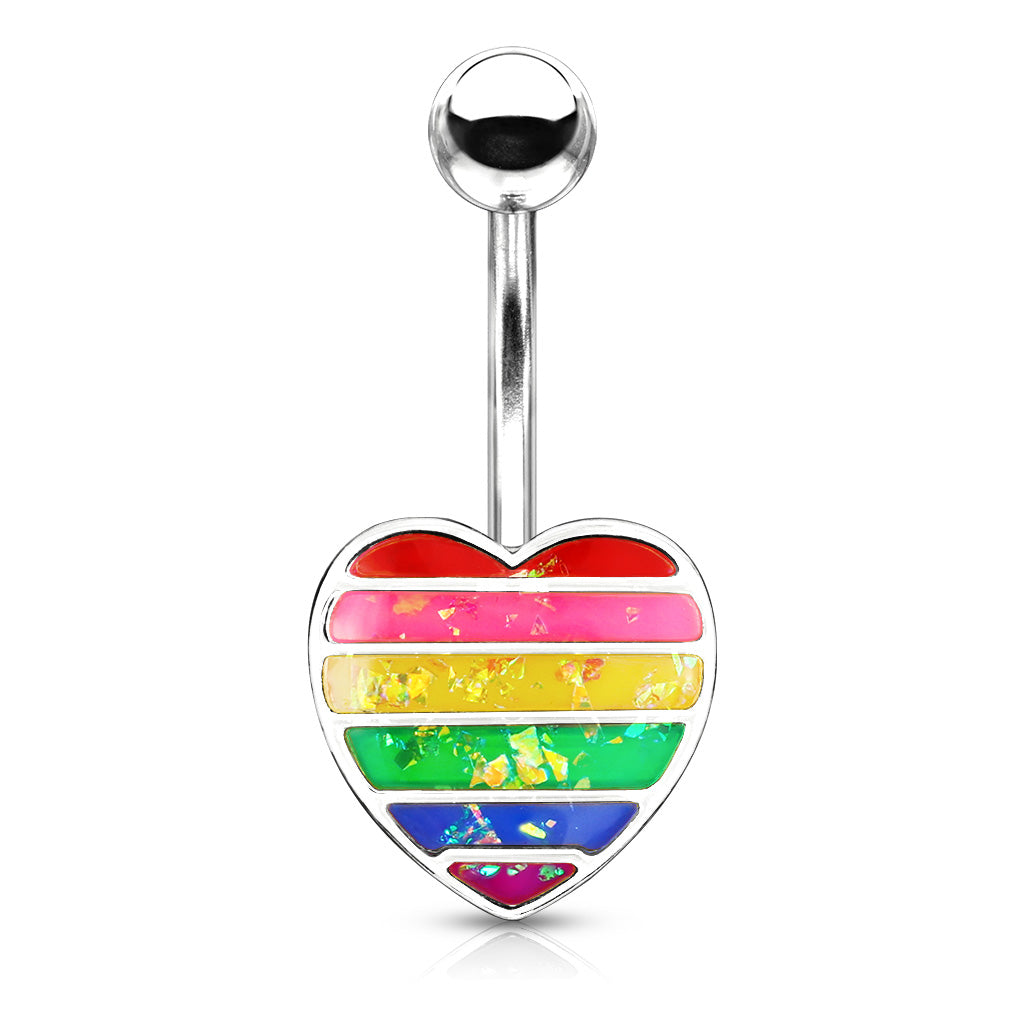 316L Surgical Steel Rainbow Opal Glitter Filled Heart Belly Button Ring - Steel