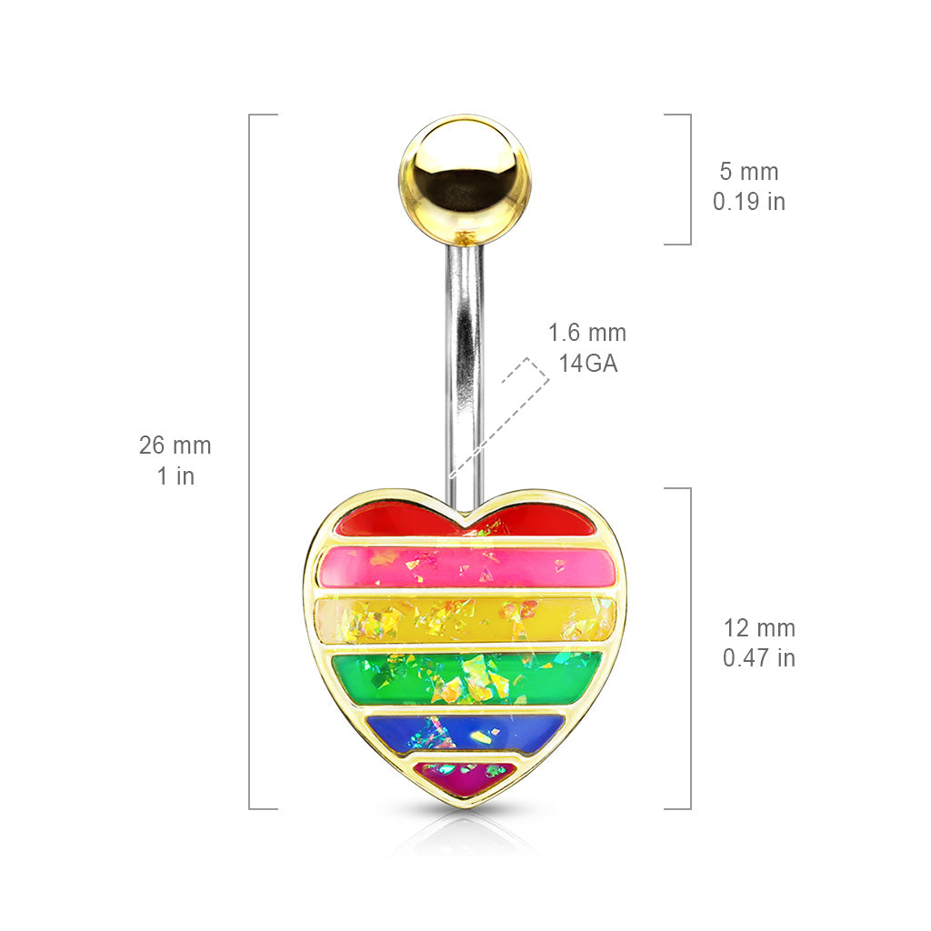 316L Surgical Steel Rainbow Opal Glitter Filled Heart Belly Button Ring size chart