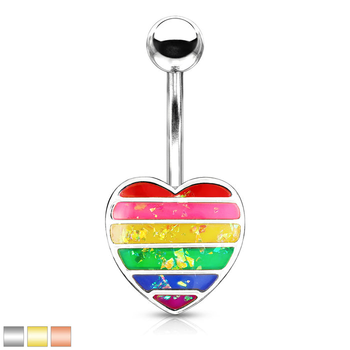 316L Surgical Steel Rainbow Opal Glitter Filled Heart Belly Button Ring