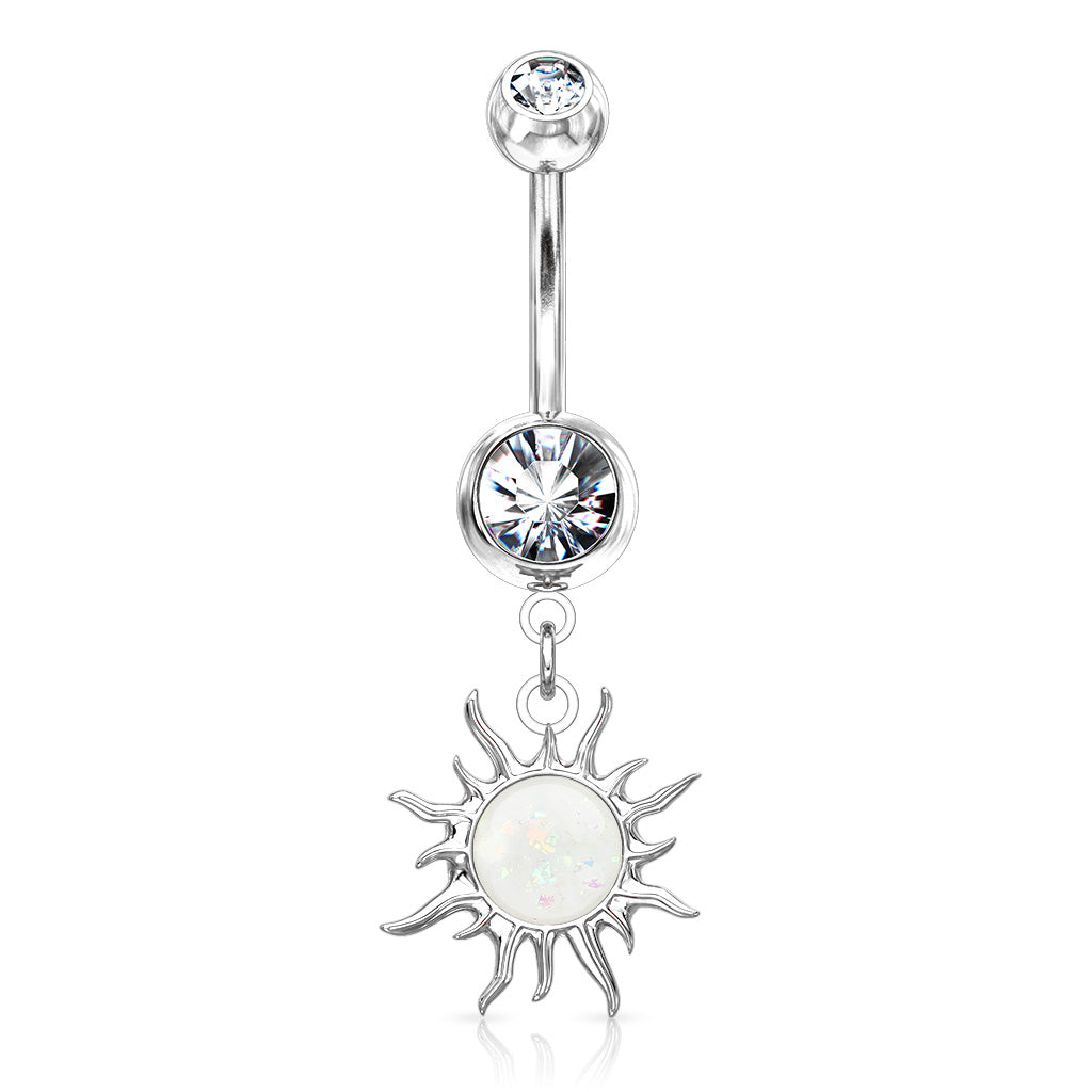 316L Surgical Steel Tribal Sun With Opal Glitter Center Dangle Double Jeweled Belly Button Ring - Clear