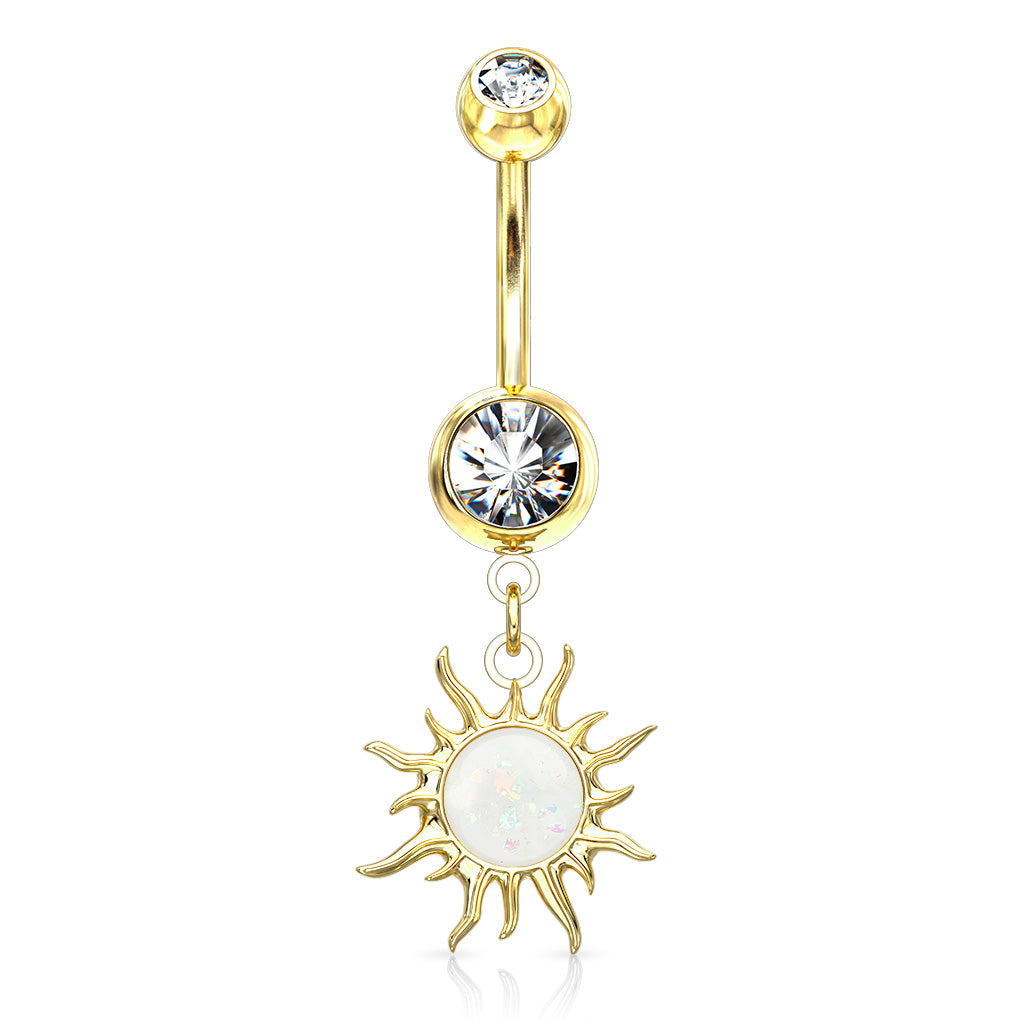 316L Surgical Steel Tribal Sun With Opal Glitter Center Dangle Double Jeweled Belly Button Ring - Gold/Clear