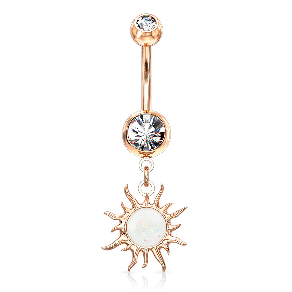 316L Surgical Steel Tribal Sun With Opal Glitter Center Dangle Double Jeweled Belly Button Ring - Rose Gold/Clear