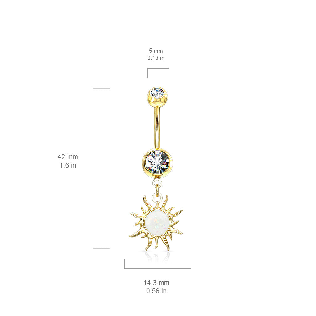 316L Surgical Steel Tribal Sun With Opal Glitter Center Dangle Double Jeweled Belly Button Ring size chart