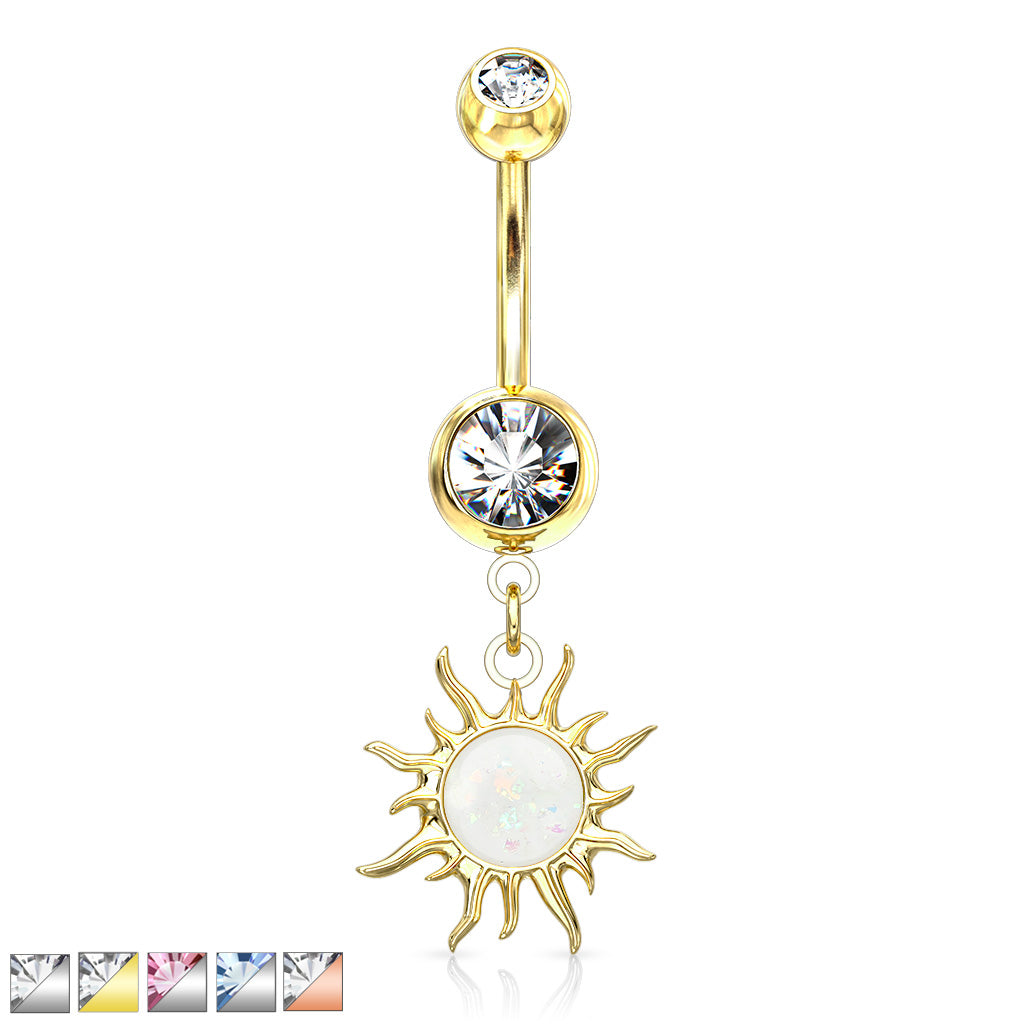 316L Surgical Steel Tribal Sun With Opal Glitter Center Dangle Double Jeweled Belly Button Ring - all colors