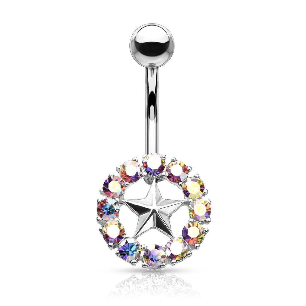 316L Surgical Steel Star With Crystal Surroundings Belly Button Ring - Aurora Borealis