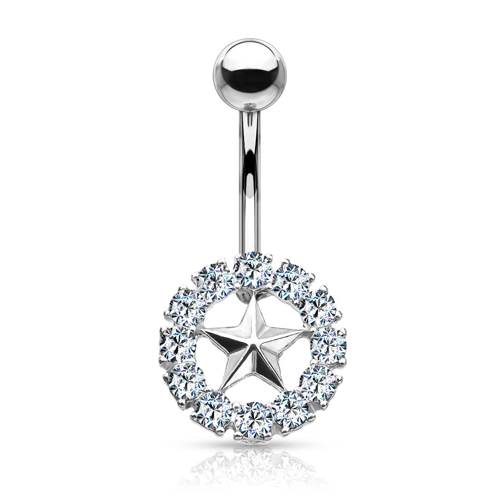316L Surgical Steel Star With Crystal Surroundings Belly Button Ring - Clear