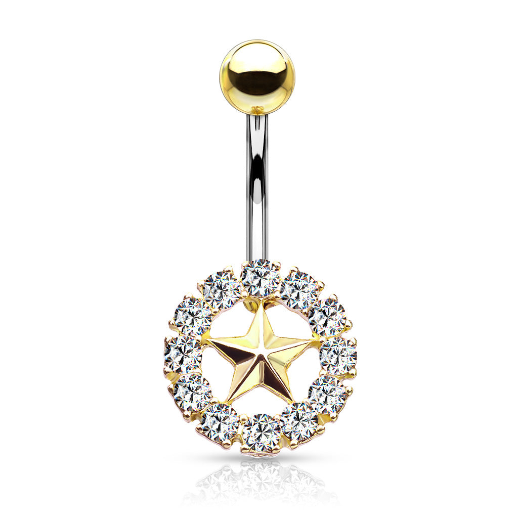 316L Surgical Steel Star With Crystal Surroundings Belly Button Ring - Gold/Clear