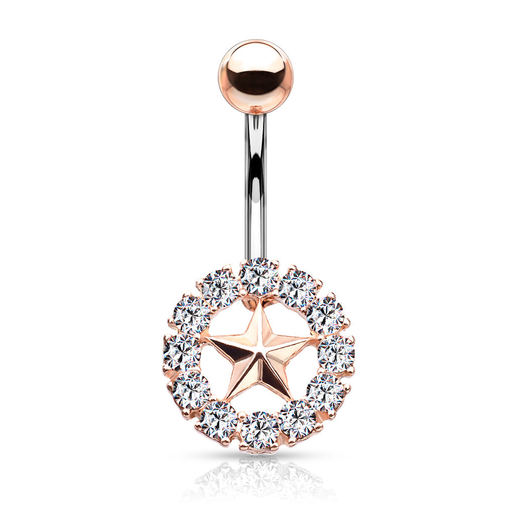 316L Surgical Steel Star With Crystal Surroundings Belly Button Ring - Rose Gold/Clear