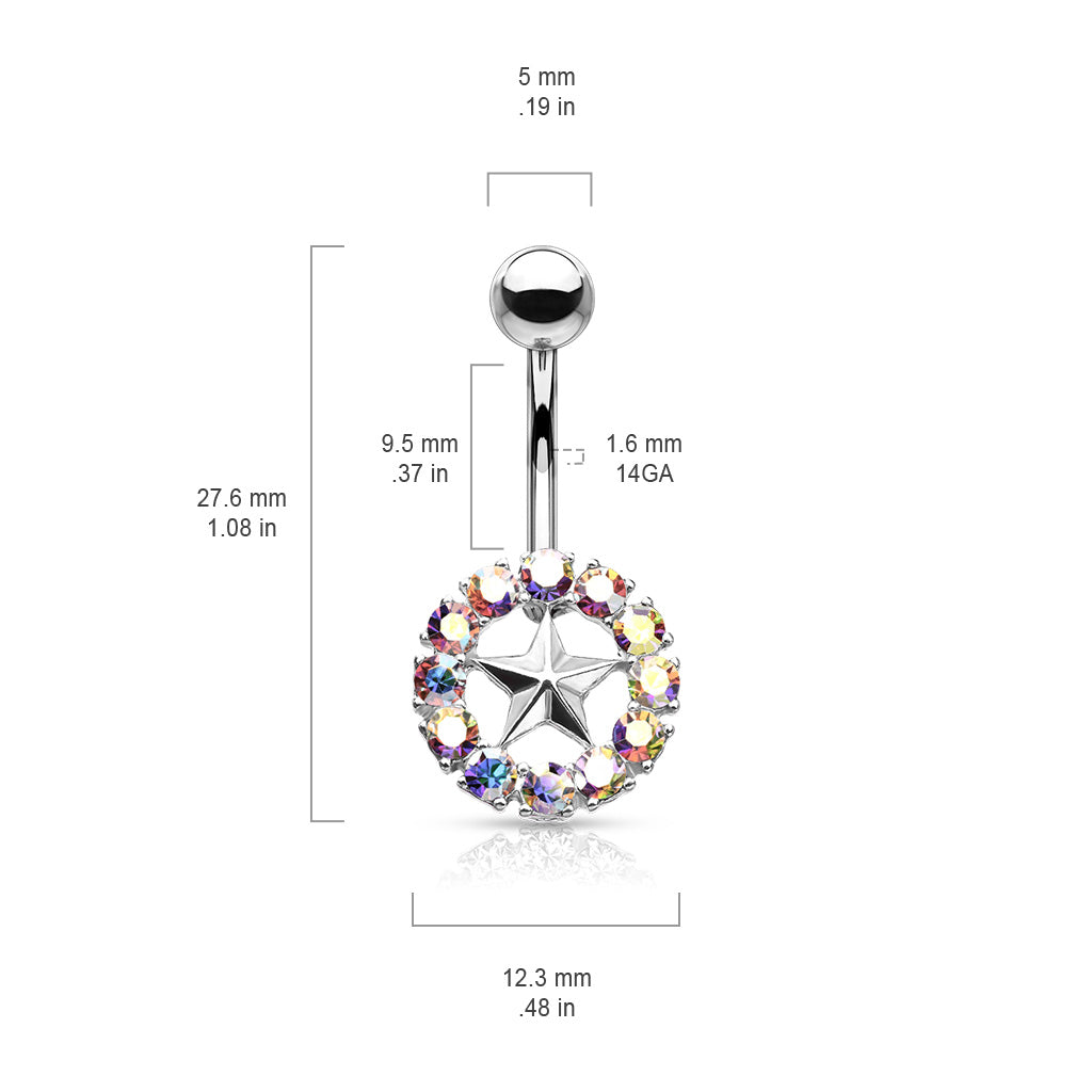 316L Surgical Steel Star With Crystal Surroundings Belly Button Ring size chart