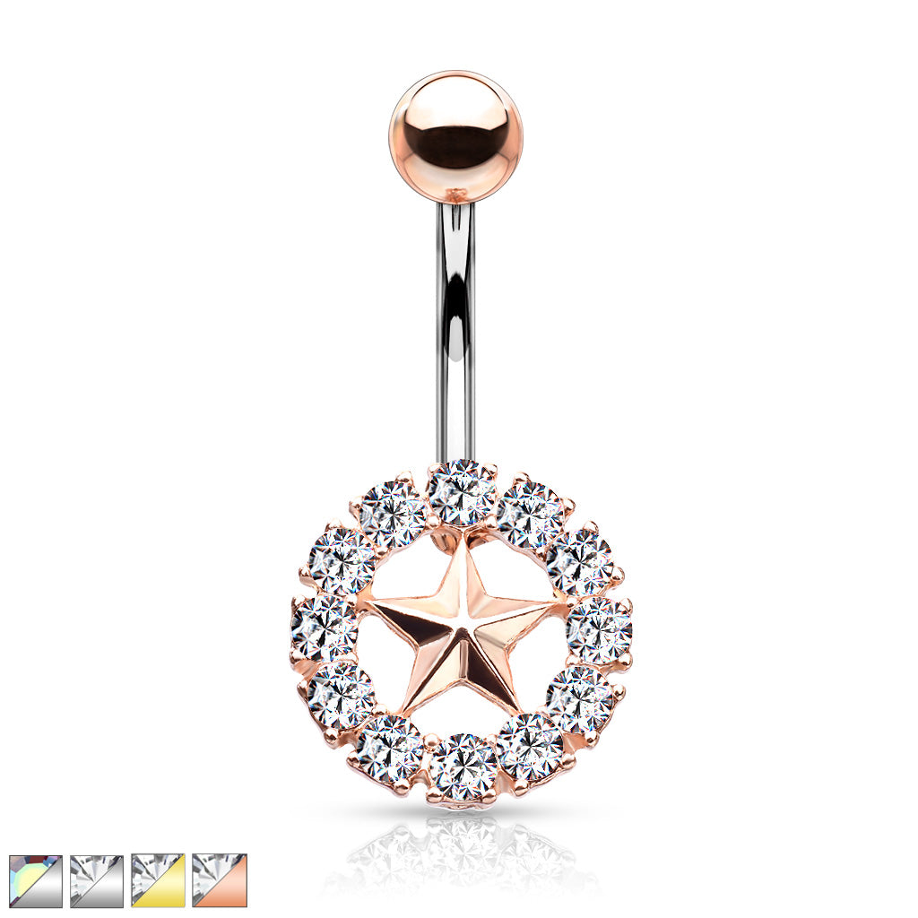 316L Surgical Steel Star With Crystal Surroundings Belly Button Ring - all colors
