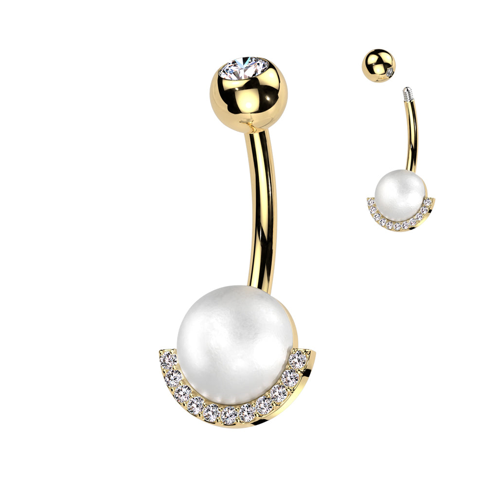 316L Surgical Steel Belly Ring With Pearl and Half CZ Rim Edge - Gold/Clear