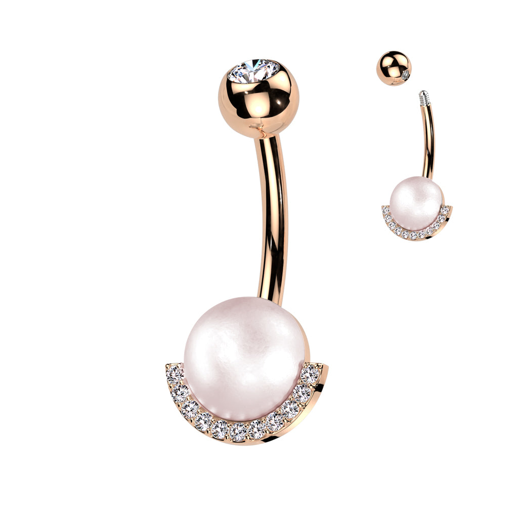 316L Surgical Steel Belly Ring With Pearl and Half CZ Rim Edge - Rose Gold/Pink