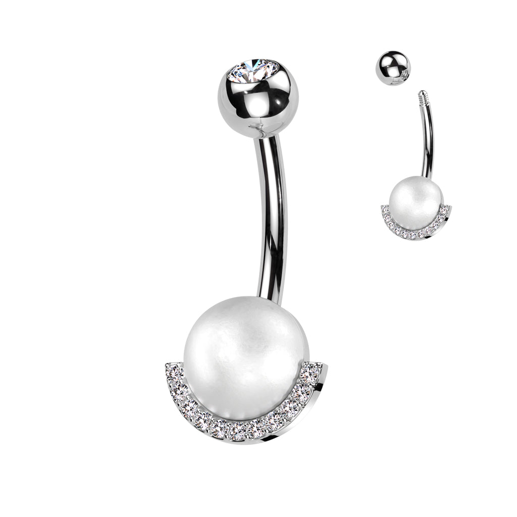 316L Surgical Steel Belly Ring With Pearl and Half CZ Rim Edge - Steel/Clear