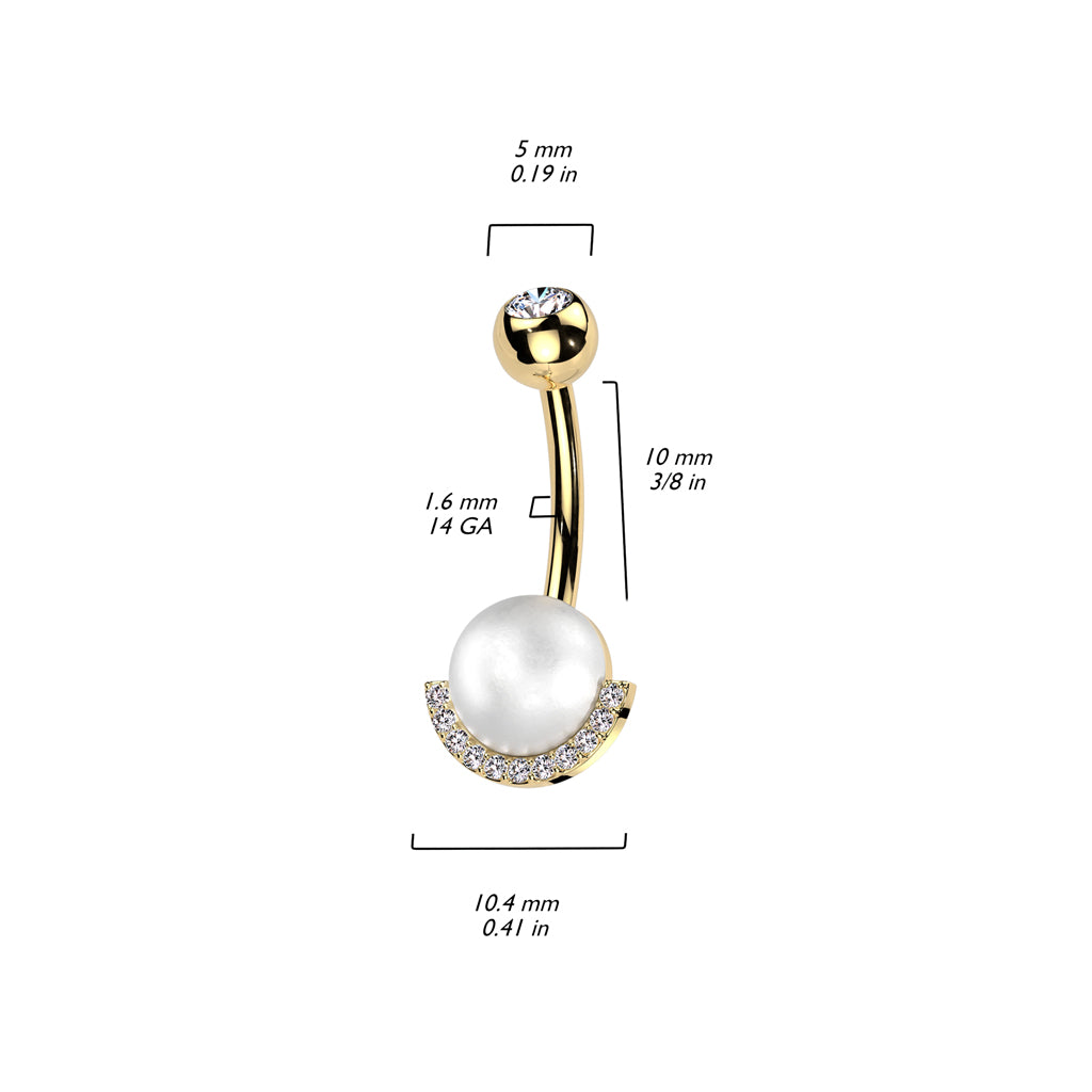 316L Surgical Steel Belly Ring With Pearl and Half CZ Rim Edge size chart