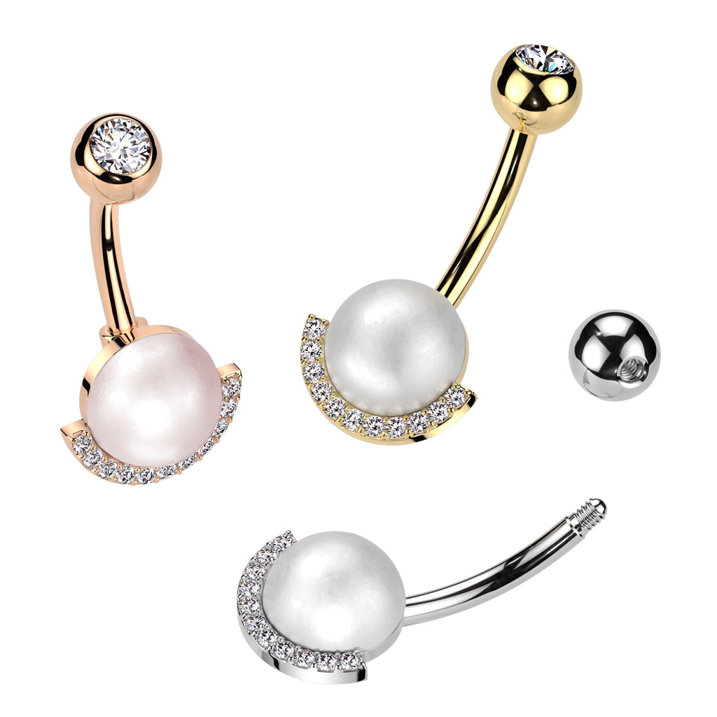 316L Surgical Steel Belly Ring With Pearl and Half CZ Rim Edge - all colors