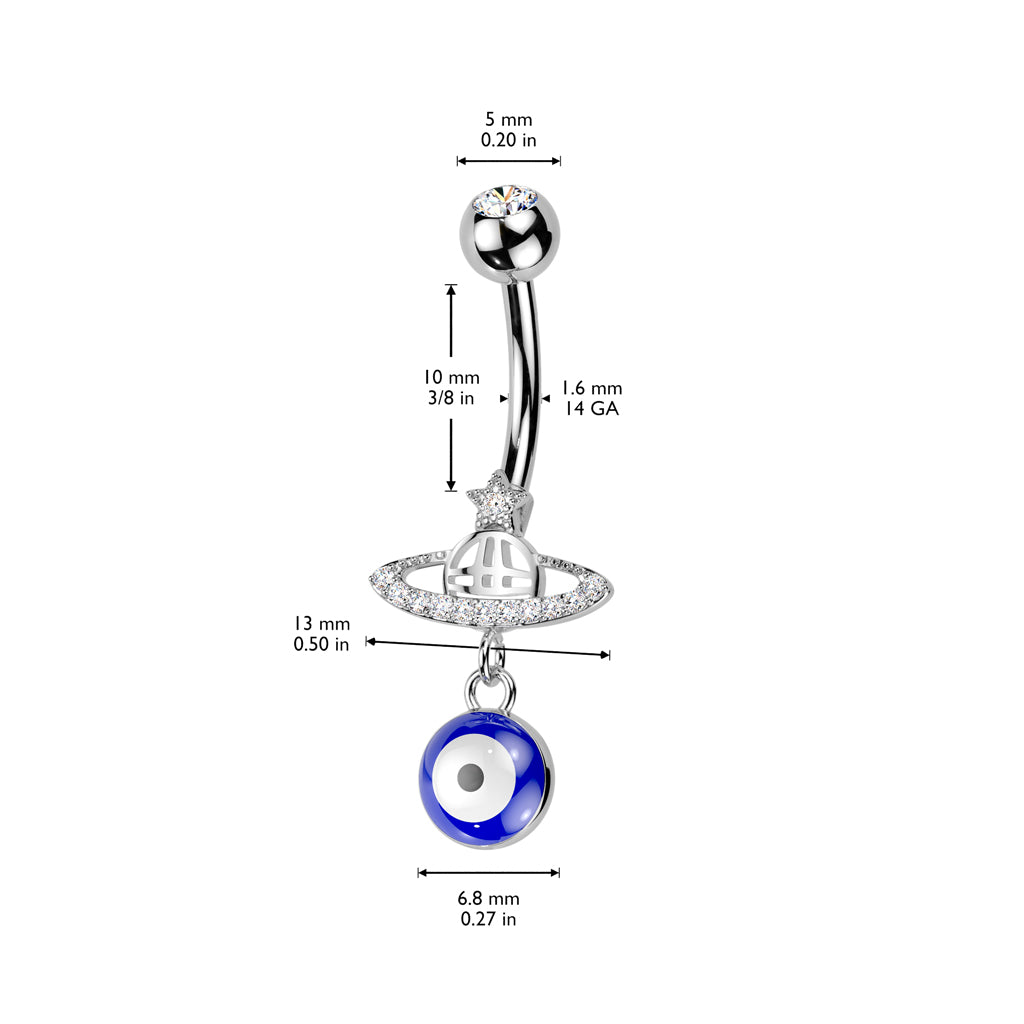 316L Surgical Steel Planet With Pave CZ Ring Belly Button Ring With Lucky Eye Dangle size chart