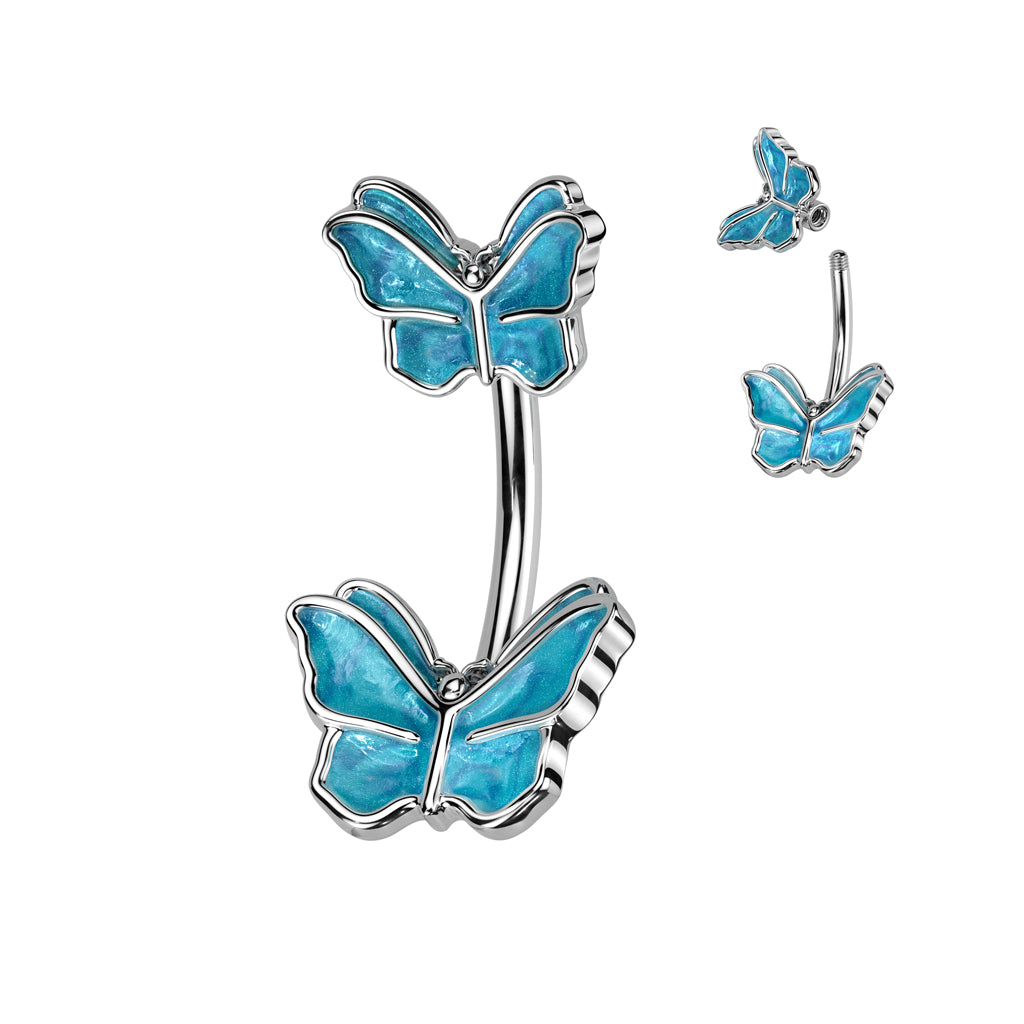 316L Surgical Steel Belly Button Ring With Double Butterfly - Blue