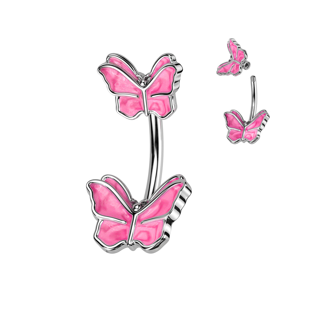 316L Surgical Steel Belly Button Ring With Double Butterfly - Pink
