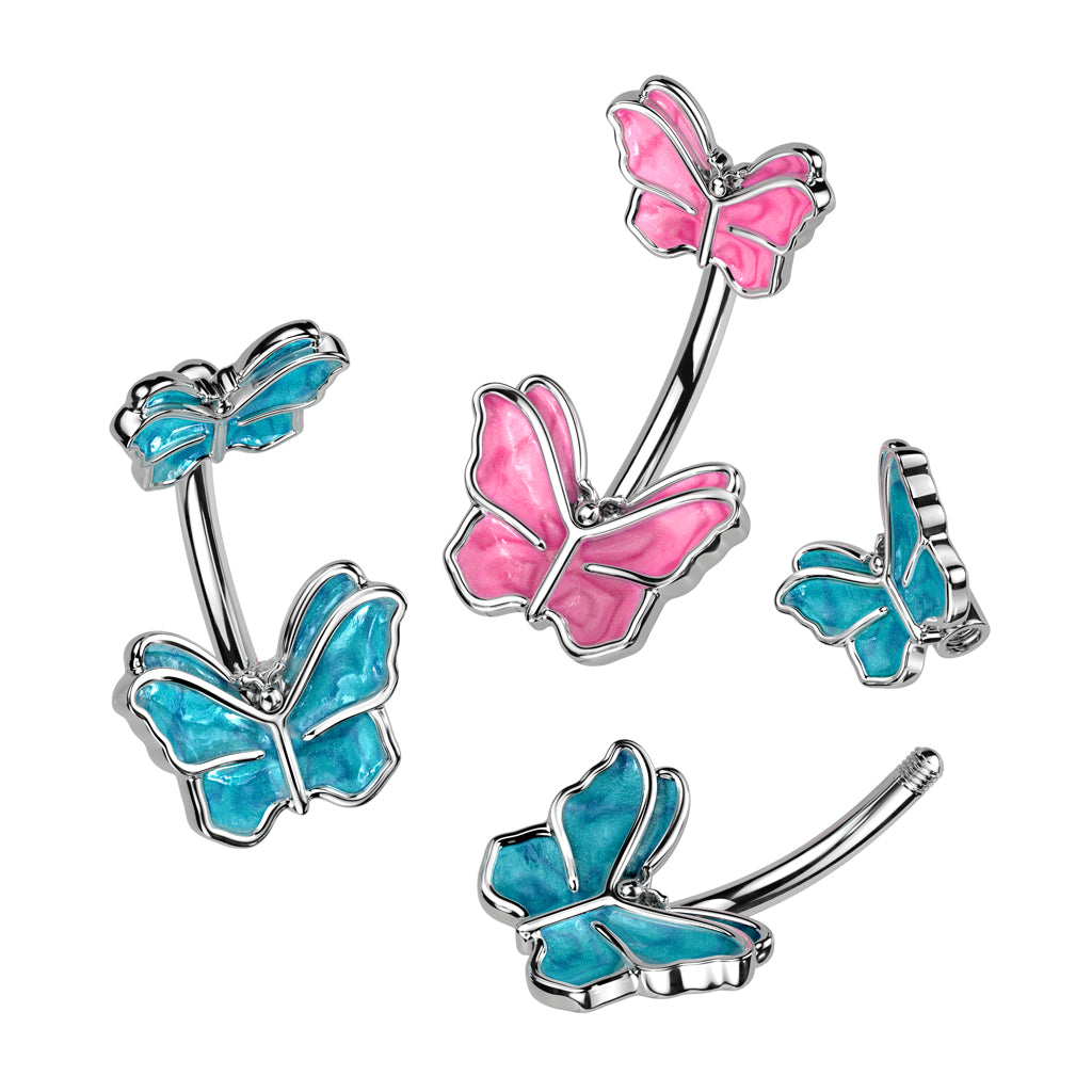 316L Surgical Steel Belly Button Ring With Double Butterfly - all colors