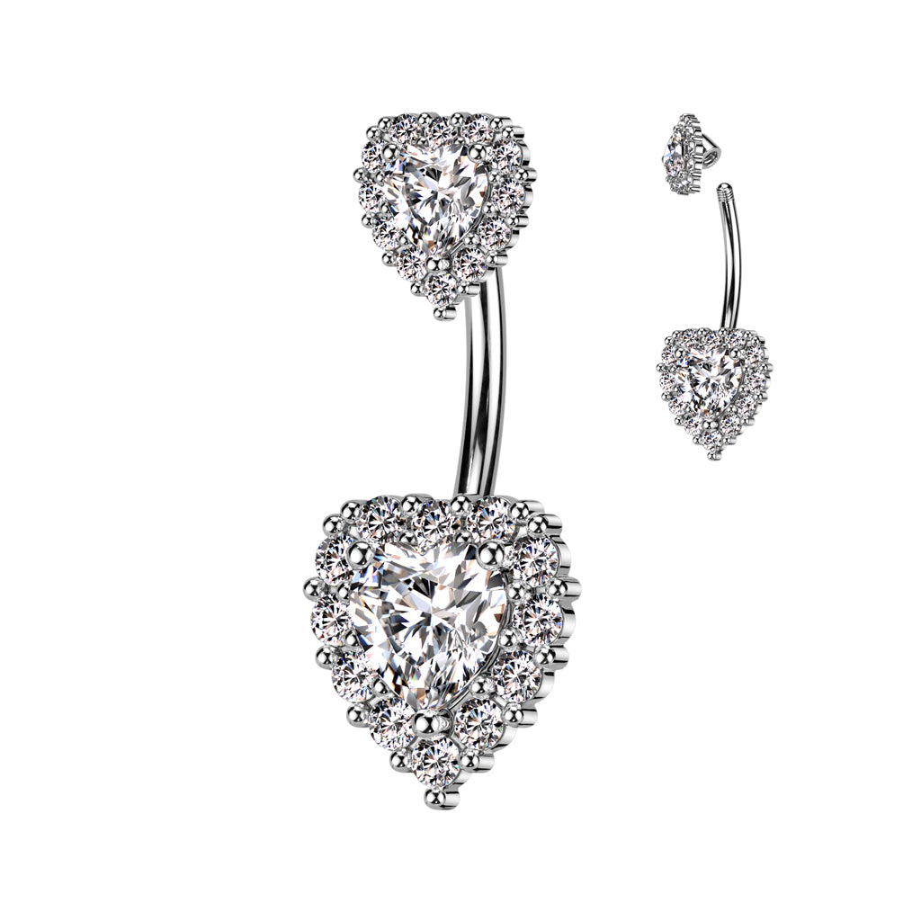316L Surgical Steel Double Heart CZ Belly Button Ring With CZ Pave Around The Hearts - Clear