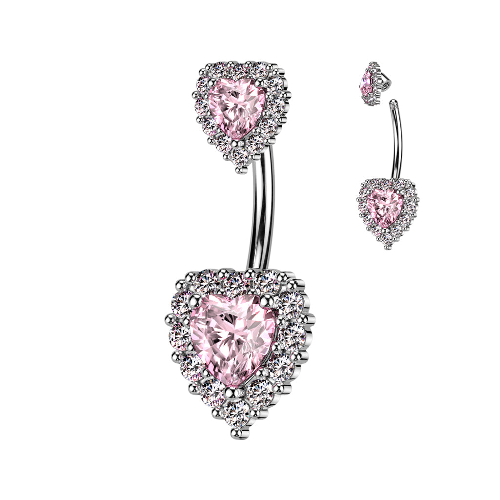 316L Surgical Steel Double Heart CZ Belly Button Ring With CZ Pave Around The Hearts - Clear/Pink