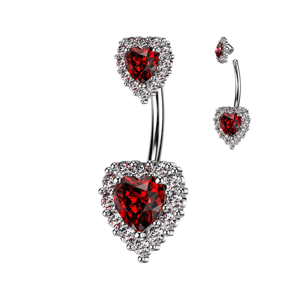 316L Surgical Steel Double Heart CZ Belly Button Ring With CZ Pave Around The Hearts - Clear/Red