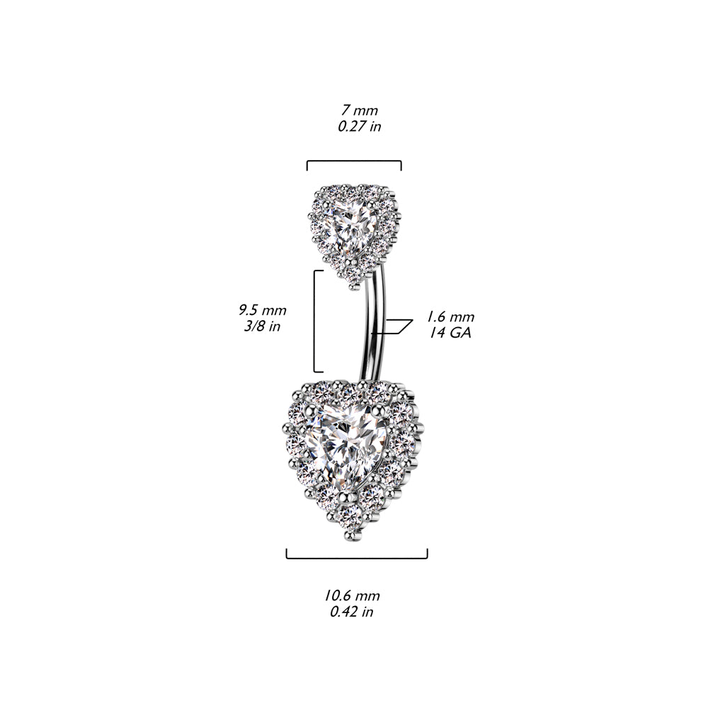 316L Surgical Steel Double Heart CZ Belly Button Ring With CZ Pave Around The Hearts size chart