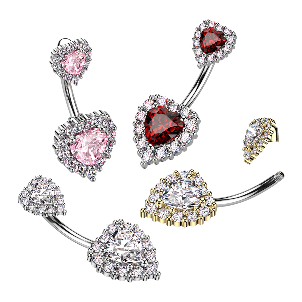 316L Surgical Steel Double Heart CZ Belly Button Ring With CZ Pave Around The Hearts - all colors