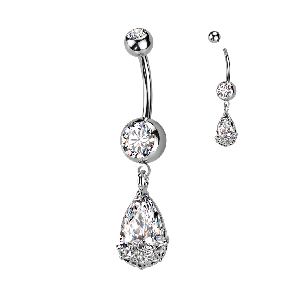 316L Surgical Steel Double Jeweled CZ With Pear CZ Floral Prong Set Dangle Belly Button Ring - Clear
