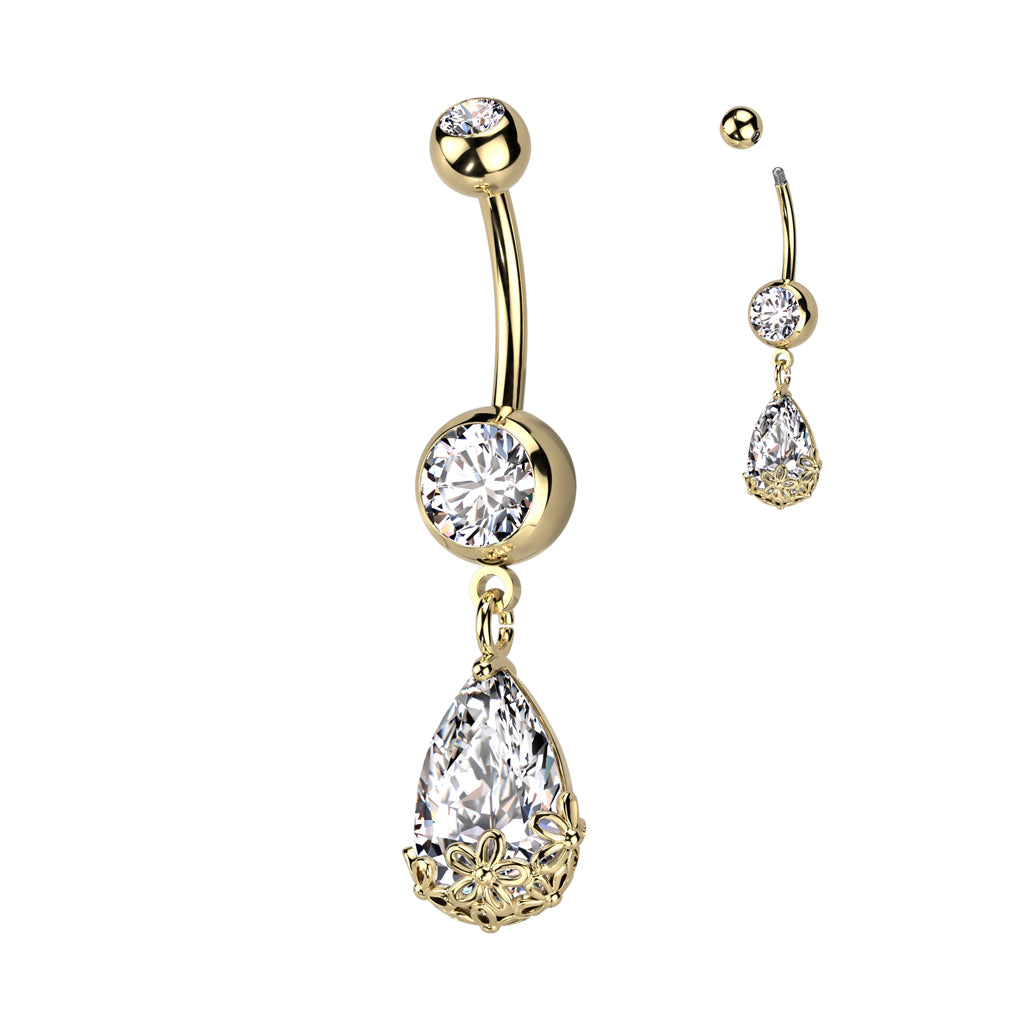 316L Surgical Steel Double Jeweled CZ With Pear CZ Floral Prong Set Dangle Belly Button Ring - Gold/Clear