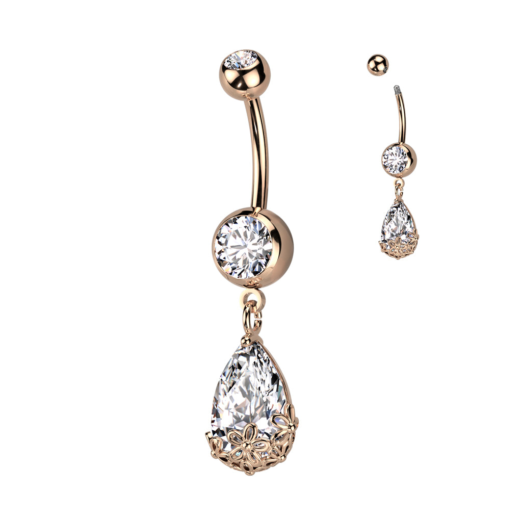 316L Surgical Steel Double Jeweled CZ With Pear CZ Floral Prong Set Dangle Belly Button Ring - Rose Gold/Clear