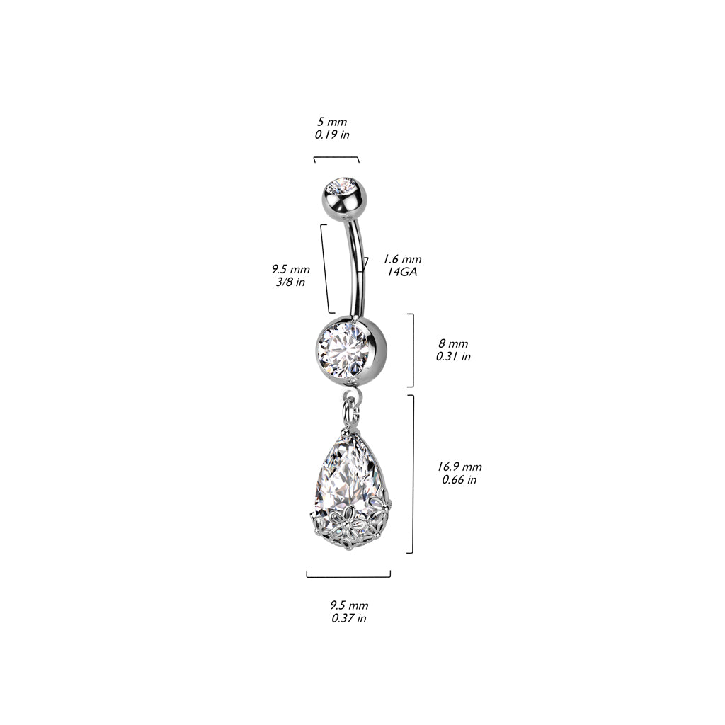 316L Surgical Steel Double Jeweled CZ With Pear CZ Floral Prong Set Dangle Belly Button Ring size chart